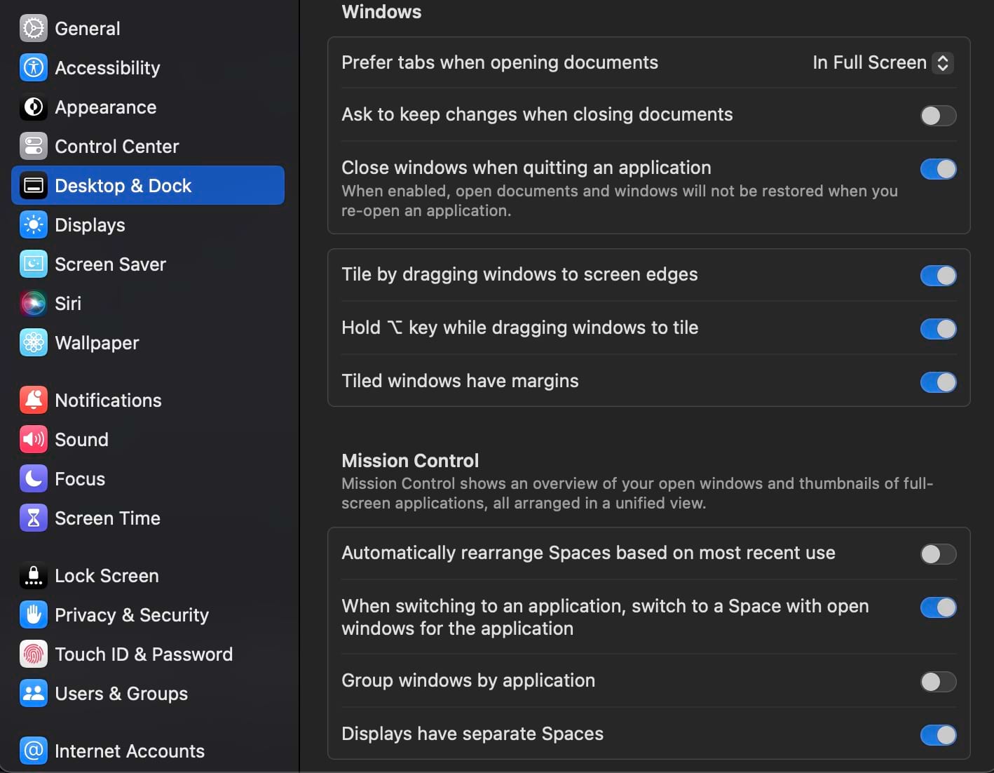 MacOS Mission Control Settings Screenshot